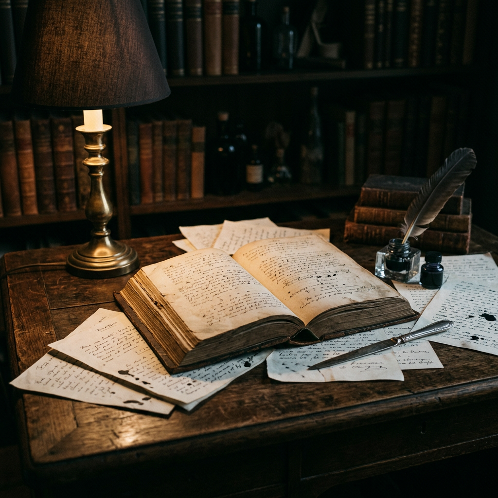 Open handwritten journal with papers, quill, ink, and candlelit lamp